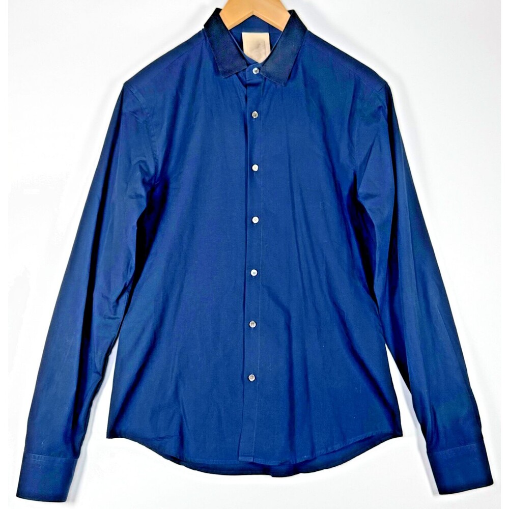 Wooyoungmi Paris‎ Shirt Mens Medium 48 Navy Blue Cotton Black Contrast Collar